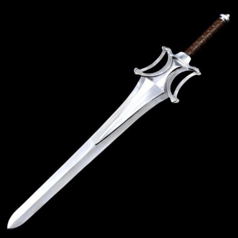 May include: A silver sword with a polished blade and a decorative hilt. The hilt features a unique design with curved elements. The handle is wrapped in brown material. The sword is set against a black background.