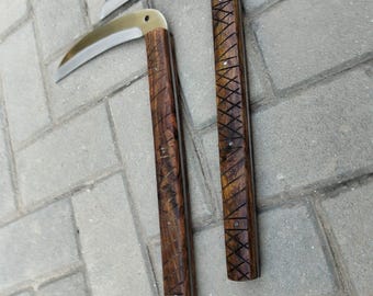 Handcrafted Japanese Kama Set - Okinawan Martial Arts Training Sickle - Ninja Cosplay Props - Hand Forged Kama Knife - Carved Grip Handles