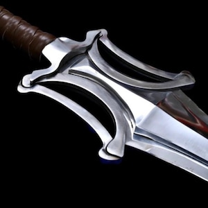 May include: A close-up of a silver sword with a brown leather-wrapped handle. The blade is polished and reflective, with a distinctive curved design on the hilt. The sword is set against a black background.
