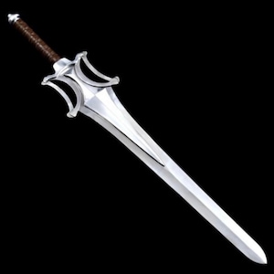 May include: A silver sword with a brown leather-wrapped handle. The blade is long and has a central ridge. The hilt features a distinctive design with curved elements. The sword is set against a black background.