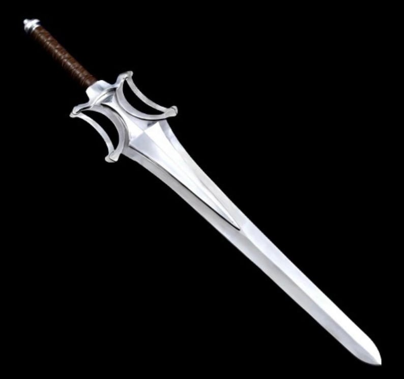 May include: A silver sword with a brown leather-wrapped handle. The blade is long and has a central ridge. The hilt features a distinctive design with curved elements. The sword is set against a black background.