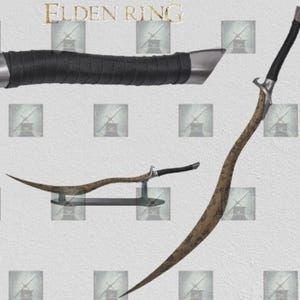 May include: A curved sword with a textured blade and a black handle, displayed with a matching smaller version. The sword has a silver hilt and a black wrapped handle. The text "ELDEN RING" is at the top.