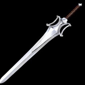 May include: A silver sword with a distinctive hilt design and a brown leather-wrapped handle. The blade is long and polished, reflecting light. The sword is set against a black background.