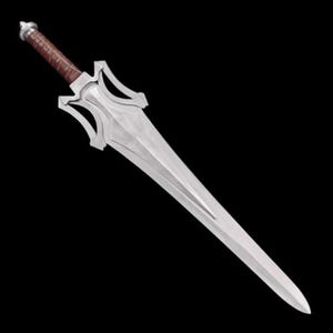 May include: A silver sword with a brown leather-wrapped handle. The blade is long and pointed, with a decorative hilt featuring a stylized design. The sword is set against a black background.