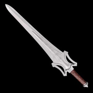 May include: A silver sword with a brown leather-wrapped handle. The blade is long and pointed, with a central fuller. The hilt features a stylized design. The sword is set against a black background.