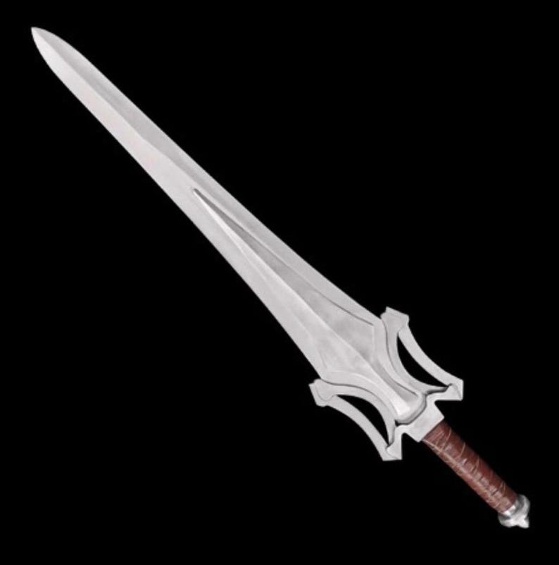 May include: A silver sword with a brown leather-wrapped handle. The blade is long and pointed, with a central fuller. The hilt features a stylized design. The sword is set against a black background.