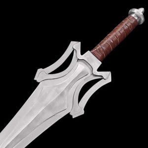 May include: A silver sword with a brown leather-wrapped handle and a silver pommel. The blade has a distinctive design with curved edges and a central ridge. The sword is set against a black background.