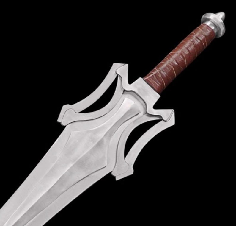 May include: A silver sword with a brown leather-wrapped handle and a silver pommel. The blade has a distinctive design with curved edges and a central ridge. The sword is set against a black background.
