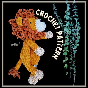 May include: Crochet pattern for a lion amigurumi toy. The lion is made with orange and white yarn and has a fluffy mane. The pattern is available for download.