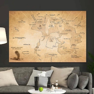 Stampa della mappa di Arrakis, mappa del mondo di Dune su tela, poster della mappa di Arrakis, mappa fantasy incorniciata, tela di film famosi, fantascienza, regalo per i fan di Muad'Dib