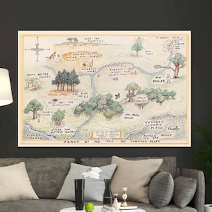 Carte en bois de 100 acres, carte de Winnie l'ourson, toile suspendue, art pour chambre d'enfant, art mural pour chambre d'enfant, décoration murale pour chambre d'enfant, tapisserie surdimensionnée, décoration de chambre d'enfant