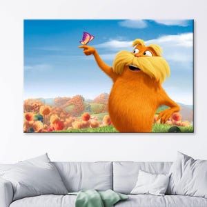 Lorax Canvas Poster, Environmental Themed Canvas Painting, Eco-Friendly Decor with Butterfly Details, Kids Room Decor, Home Decor