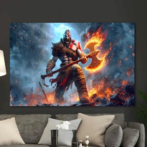 Kratos Canvas Wall Art, God of War Nordic Print, Gaming Warrior Poster, Norse Mythology Game Decor, Epic Gamer Room Canvas Art