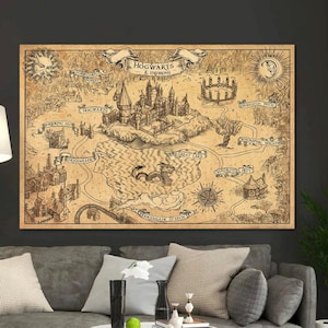 Mappa fantasy, mappa del mondo magico su tela, poster della mappa di Harry, mappa del mondo magico, decorazione da parete vintage, migliori film d'arte, decorazione da parete con drago