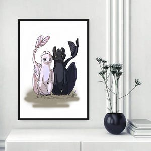 Toothless and Light Fury Canvas Print: Vintage How to Train Your Dragon Wall Art