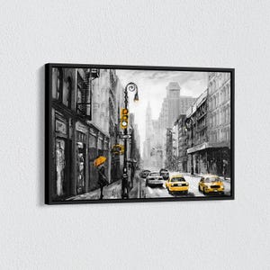 NYC Photography Print: Black and White Manhattan Street Scene with Yellow Taxi