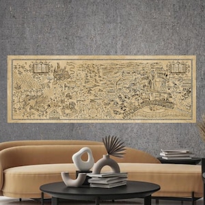 Mappa da parete Fantasy Wizard - Tela in stile vintage con castello e villaggio - Stampa poster del mondo magico