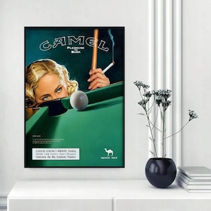 Plakat Camel Cigarette - Przyjemność palenia - Wydruk na wózku barowym - Plakat reklamowy tytoniu w stylu retro - Nostalgiczna sztuka ścienna - Wystrój domu w stylu vintage
