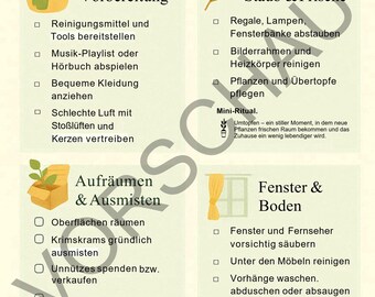 May include: A spring cleaning checklist in German with headings like "Preparation" and "Dust & Freshness." Includes tasks such as cleaning shelves, dusting, and airing out the space. The image has a light beige background with yellow floral accents.