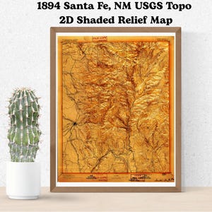 Santa Fe, Nouveau-Mexique, 1894, USGS, carte topographique en relief ombragé, carte historique, idée cadeau unique, art mural