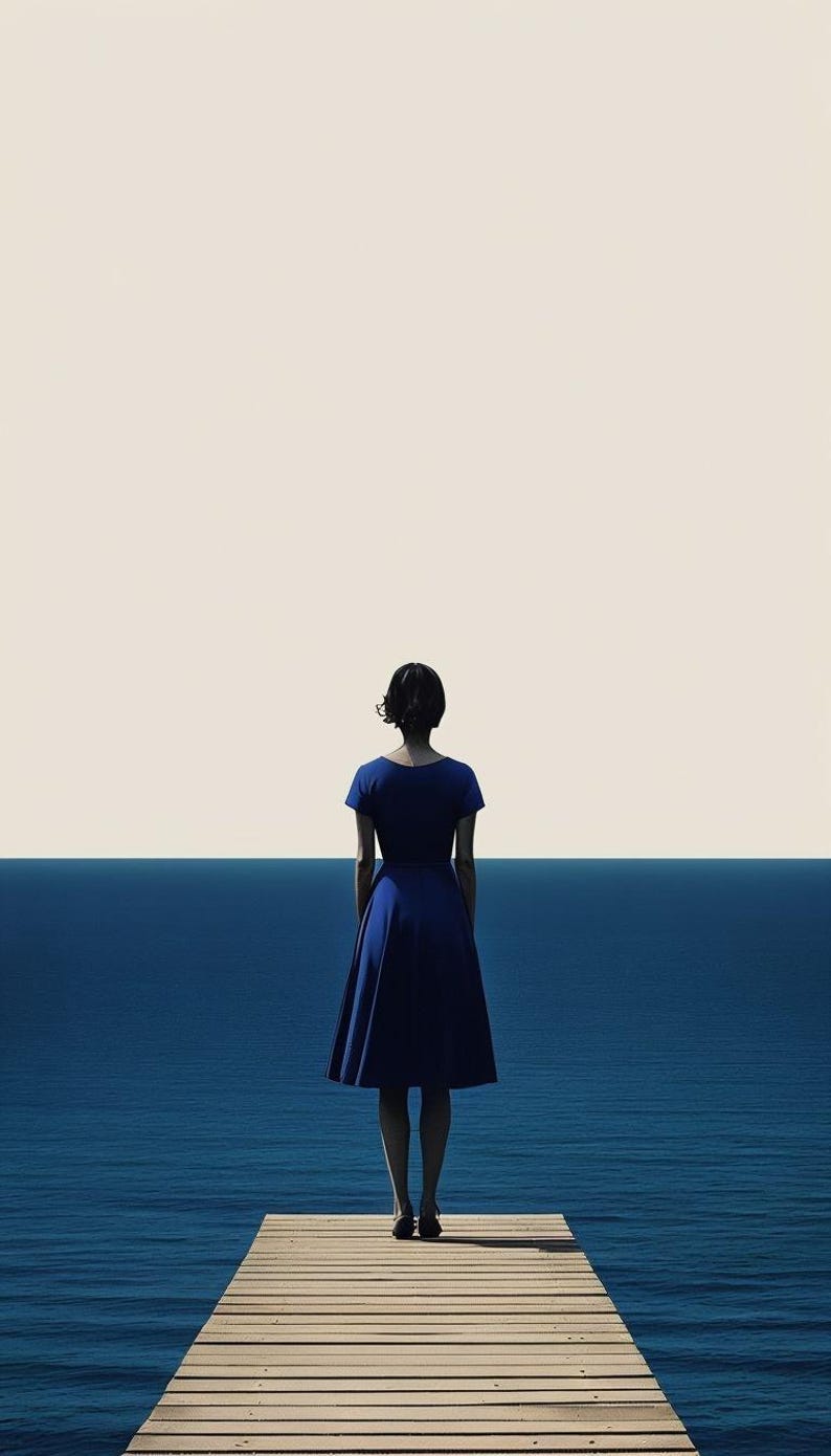 Pu&ograve; includere: Una persona con un vestito blu &egrave; in piedi alla fine di un molo di legno, di fronte al mare. L'abito &egrave; di un blu intenso e uniforme, e il mare &egrave; di una tonalit&agrave; di blu pi&ugrave; scura. Il cielo &egrave; di un colore crema pallido.