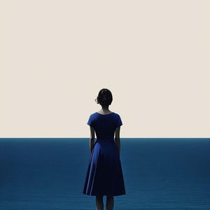 Pu&ograve; includere: Una persona con un abito blu navy a maniche corte &egrave; in piedi alla fine di un molo di legno, rivolta verso il mare. L'abito ha una gonna svasata e una cintura abbinata. Il mare &egrave; blu scuro e il cielo &egrave; color crema pallido.