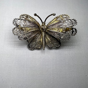 Vintage Filigree Butterfly Brooch | 800 Silver & Gold-Tone Handmade Pin | Delicate Artisan Insect Jewelry | Collectible Gift for Her