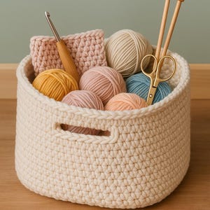 May include: A cream crocheted basket containing balls of yarn in various colours, knitting needles, a crochet hook, and gold scissors. The yarn colours include yellow, pink, peach, and blue. The basket has handles and sits on a wooden surface.