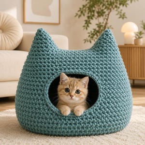 May include: A teal-colored, cat-shaped pet bed made of thick, textured yarn. A small, light brown kitten with large eyes peeks out from the round opening. The bed has pointed ears and sits on a light-colored rug.