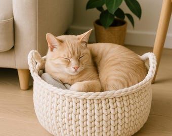 Crochet Cat Bed Pattern PDF – Modern Waistcoat Stitch Basket – Beginner Friendly Cat Nest