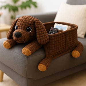 Könnte beinhalten: Ein brauner, hundeförmiger Aufbewahrungskorb mit einer gesteppten Textur. Der Hund hat große, ausdrucksstarke Augen, Schlappohren und hellbraune Pfoten. Der Korb enthält eine Fernbedienung und ein Buch und liegt auf einem grauen Sofa. Heimdekoration.