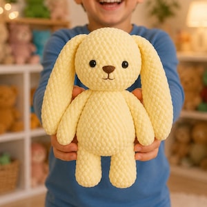 May include: A pale yellow crochet plush toy in the shape of a rabbit with long floppy ears, a round head, a small brown embroidered nose, and two black plastic eyes. The toy has a textured, bobble-like surface throughout its entire body.
