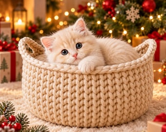 May include: A fluffy cream-colored kitten with large dark eyes rests inside a round, beige, chunky knit basket. The basket features two integrated handles and a thick, braided texture, providing a cozy space for the small feline.