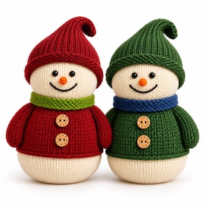 May include: Two knitted snowman figurines with cream-colored heads, orange noses, and black stitched smiles. One wears a red hat and sweater with a lime green scarf, the other a green hat and sweater with a blue scarf. Both feature two wooden buttons.