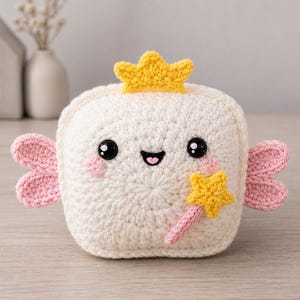 May include: A crocheted, square-shaped toy with a smiling face, black eyes, and pink cheeks. It has a yellow crown, pink wings, and a yellow star-shaped wand. The toy is white and sits on a light-colored surface.