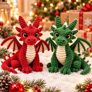 May include: Two crocheted dragon plush toys, one red and one green, each featuring large black and yellow eyes, cream-colored bellies, and small wings with cream-colored accents, sitting upright on a white surface.