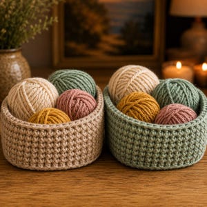 May include: Two round, hand-crocheted baskets made of thick yarn. The left basket is beige and holds balls of yarn in beige, sage green, mustard yellow, and dusty rose. The right basket is sage green and holds balls of yarn in cream, mustard, and rose.