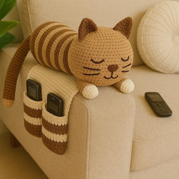 Crochet Cat Sofa Arm Organizer Pattern – Remote Holder Couch Caddy PDF