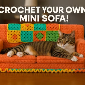 May include: An orange crochet mini sofa with a colorful crocheted blanket and trim. A tabby cat is lounging on the sofa. The text "CROCHET YOUR OWN MINI SOFA!" is at the top of the image.