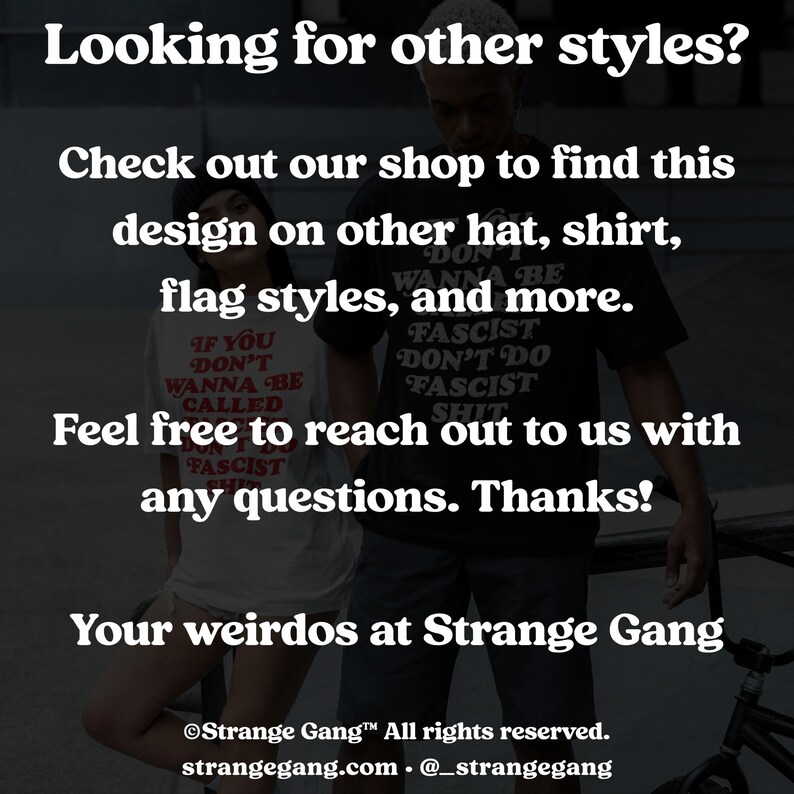 Promotional graphic encouraging shoppers to browse other Strange Gang styles for matching designs.