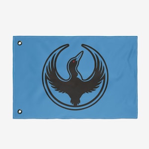 Puede incluir: Una bandera azul claro con un emblema de pájaro negro dentro de un círculo. El pájaro tiene las alas extendidas y un ojo rojo. La bandera tiene dos ojales para colgar.