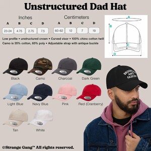 Sizing and color chart for the unstructured dad hat including Black, Camo, Charcoal, Pink, Tan, Navy, and more.