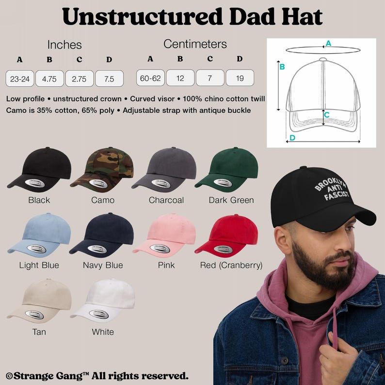 Sizing and color chart for the unstructured dad hat including Black, Camo, Charcoal, Pink, Tan, Navy, and more.