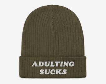 Adulting Sucks Beanie, Funny Knit Winter Hat for Adults, Embroidered Cold Weather Hat, Sarcastic Unisex Gift for Him or Her