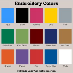 Embroidery color options including Royal Blue, Aqua, Old Gold, Red, White, Maroon, and others.
