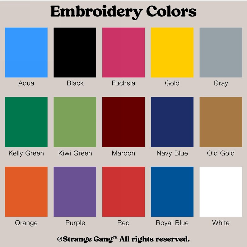 Embroidery color options including Royal Blue, Aqua, Old Gold, Red, White, Maroon, and others.