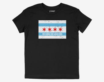 Maglietta per bambini con bandiera di Chicago / Maglietta per ragazzi "No Kings No Masters" / Maglietta per attivisti politici per ragazzi e ragazze