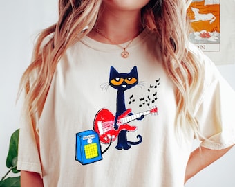 Pete the Cat Playing Guitar Graphic T-Shirt, Childhood Memories Tee, Cute Cartoon Character Apparel, Pete The Cat Books Flowers T-Shirt