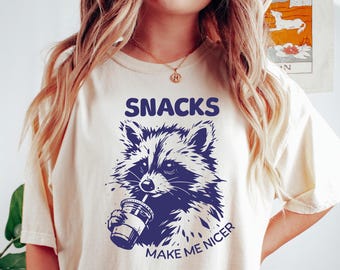 Funny Raccoon Snacks Make Me Nicer T-Shirt, Cute Animal Foodie Tee, Retro Vintage Snack Lover Shirt, Funny Raccoon Meme Shirt