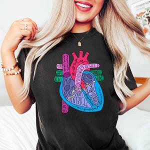 Puede incluir: Camiseta negra con un colorido diagrama anat&oacute;mico del coraz&oacute;n con partes etiquetadas como aorta, aur&iacute;cula y ventr&iacute;culo. El dise&ntilde;o incluye tonos de rosa, azul y morado, con el texto en blanco. Una camiseta gr&aacute;fica casual y educativa.